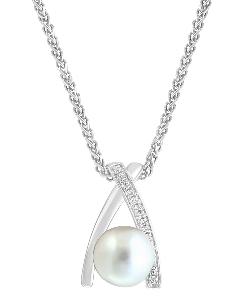 Effy Cultured Freshwater Pearl (8mm) & Diamond (1/20 ct. t.w.) Crisscross 18" Pendant Necklace in Sterling Silver