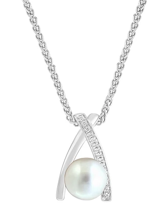 Effy Cultured Freshwater Pearl (8mm) & Diamond (1/20 ct. t.w.) Crisscross 18" Pendant Necklace in Sterling Silver