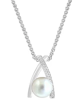 Effy Cultured Freshwater Pearl (8mm) & Diamond (1/20 ct. t.w.) Crisscross 18" Pendant Necklace in Sterling Silver