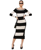 Avec Les Filles Women's Striped Rib-Knit Long-Sleeve Sweater Dress