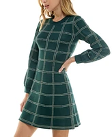 Crystal Doll Juniors' Windowpane Print Crewneck Long-Sleeve Sweater Dress