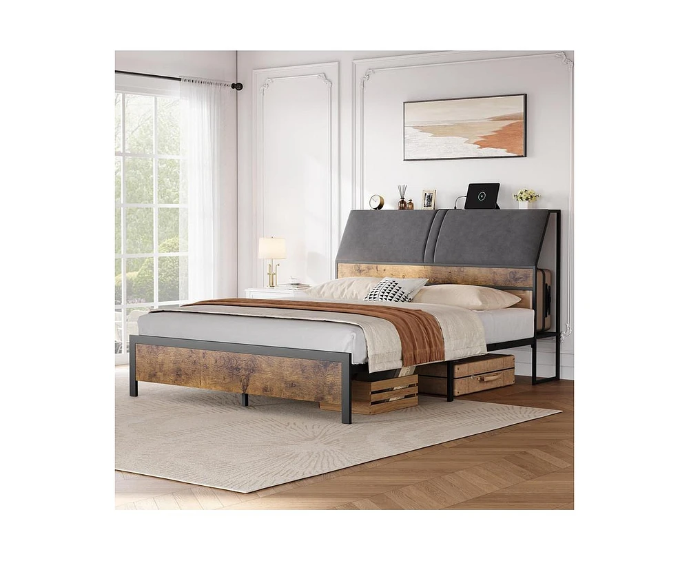 gaomon Full Size Bed Frame with Ergonomic Headboard and Charging Station, Upholstered Platform Bed, Metal Frame with Storage, No Box Spring Needed, Ea