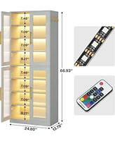 Tribesigns Bookcase with Doors and Led Light, 67-inch Tall Bookshelf 8-Tier Adjustable Shelves Hanging Hooks, Freestanding Storage Cabinet fo
