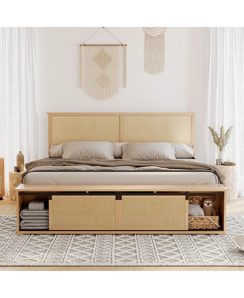 gaomon Full Bed Frame with Natural Rattan Headboard, Platform Bed Frame Queen Size with Storage Headboard