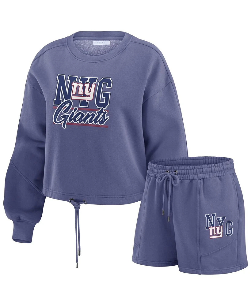 Wear by Erin Andrews Women's Royal New York Giants Washed Fleece Long Sleeve T-Shirt Shorts Lounge Set