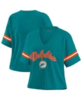 Wear by Erin Andrews Women's Aqua Miami Dolphins Plus Color Block Boxy V-Neck T-Shirt