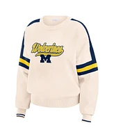 Wear by Erin Andrews Women's Cream Michigan Wolverines Chenille Woven Patch Stripe Pullover Sweatshirt