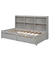 Slickblue Twin Bed with Side Bookcase and Drawers - Grey Finish for Stylish Storage and Space-Saving in Bedroom