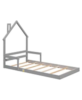 Slickblue Twin House-Shaped Floor Bed with Headboard and Handrails - Stylish and Safe Sleeping Solution for Kids, Includes Slats
