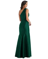 Alfred Sung Plus Bow One-Shoulder Satin Trumpet Gown