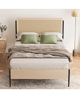 gaomon Full Bed Frame with Rattan Headboard, Platform Bed with Strong Metal Slat Support