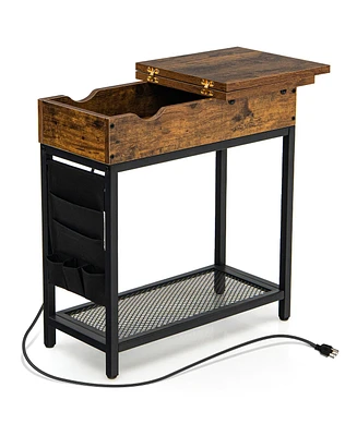 Gymax End Table with Charging Station Industrial Nightstand Flip Top Side Pocket Usb