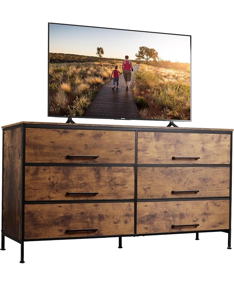 Wlive Wide Fabric Dresser 6 Drawer Tv Stand for 68" Dressers Bedroom Furniture Large Storage Tower Unit with Bins Bedroo