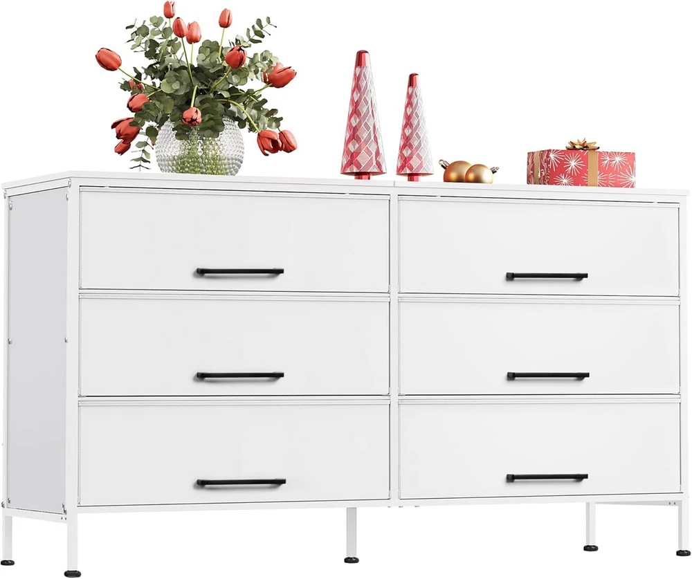 Wlive Wide Fabric Dresser 6 Drawer Tv Stand for 68" Dressers Bedroom Furniture Large Storage Tower Unit with Bins Bedroo