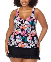 Raisins Curve Trendy Plus Size Rimini Printed Tankini Top Echo Ruffled Swim Skirt