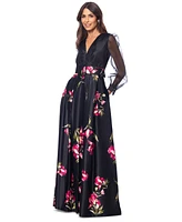 Betsy & Adam Women's Organza-Sleeve Floral Belted Gown
