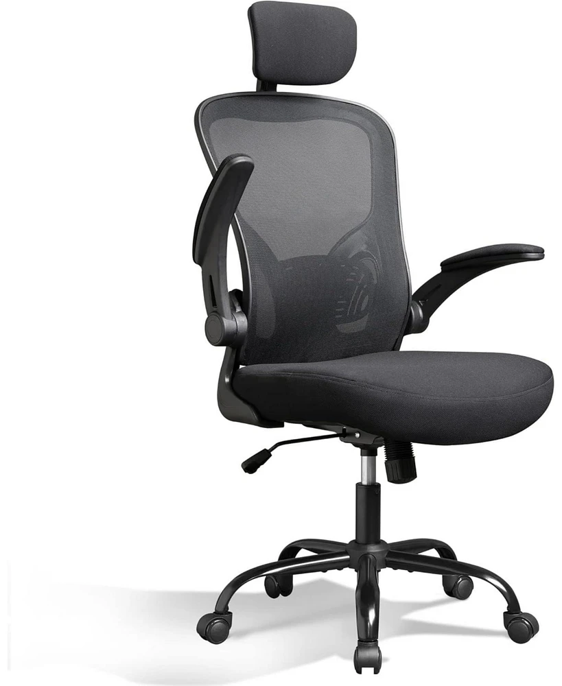 Devaise Mesh Computer Office Chair, High Back Ergonomic Desk Chair with Flip-up Armrests and Adjustable Headrest, Backrest and Lumbar Support