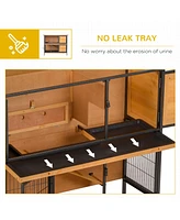 48" 2-Story Large Rabbit Hutch Bunny Cage Wooden Pet House Metal Frame with Individual Room, Ramp, No Leak Tray, Feeding Trough, Waterproof Aspha