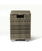 Beige Rattan Fire Pit Table with Tank Holder and Ceramic Tile Tabletop