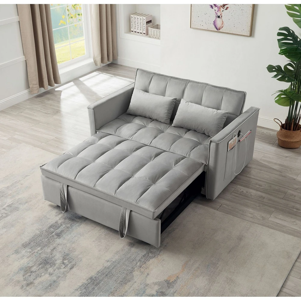 Sleeper Sofa Bed w/Usb Port, 3-in-1 adjustable sleeper with pull-out bed, 2 lumbar pillows and side pocket, soft velvet convertible sleeper sofa bed,
