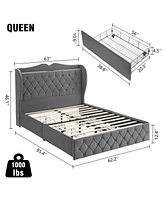 gaomon Queen Size Grey Velvet Bed Frame with 4 Convenient Storage Drawers