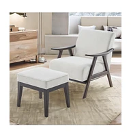 Accent Chair with Ottoman, Upholstered Mid Century Chair and Footrest, Solid Wood Arm Chair, Living Room Chairs and Ottoman Set, Beige