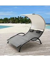 Slickblue Outdoor Double Chaise Lounge Bed Chair Canopy with Removable Pillows for Comfortable Relaxation