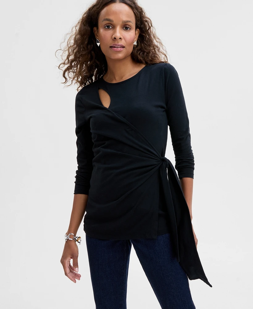 I.n.c. International Concepts Women's Cotton Long Sleeve Faux-Wrap Top, Exclusively at Macy's