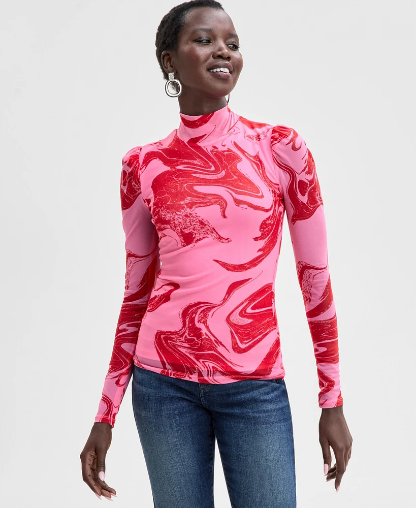 I.n.c. International Concepts Women's Printed Mock-Neck Long-Sleeve Mesh Top, Exclusively at Macy's