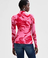 I.n.c. International Concepts Women's Printed Mock-Neck Long-Sleeve Mesh Top, Exclusively at Macy's