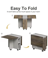 5 Pieces Folding Extendable Dining Table Set with 4 Chairs for 4 Peoples, 55'' Drop Leaf Wood Kitchen Dining Room Table Set with Storage and 6 Wheels