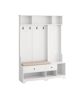 Multi-purpose Hallway Hall Tree with Removable Linen Cushioned Entryway Bench, Coat Rack, Storage Shelves, and Diy Pegboard,for Hallways, Living Room,