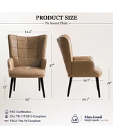 Pu Leather Accent Chair, Upholstered Living Room Chair with Soild Wood Leg, Reading Armchair for Living Room Bedroom Home Office