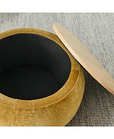 Round Storage Ottoman, 2 in 1 Function, Work as End table and Ottoman,with small seat,Dark yellow(25"x25"x14.7") ow