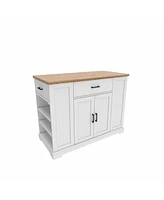 46.2'' Multi-Storage Kitchen Island with Rubber Wood Tabletop, Large Farmhouse Kitchen Cart with Adjustable Shelves and Drawers, Dinning Table Bar wit