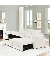 Corduroy Tufted Upholstered Sleeper Sectional Sofa, L-Shaped Modular Convertible Sofa with Storage Chaise, Pull Out Sleep Couch Bed and Reclining Back