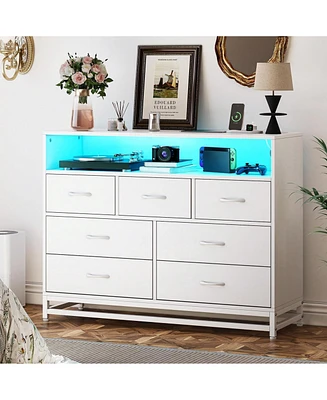 gaomon White Dresser For Bedroom, Modern 7 Drawers Long With Charging Station And Led Lights Design
