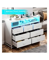 gaomon White Dresser For Bedroom, Modern 7 Drawers Long With Charging Station And Led Lights Design
