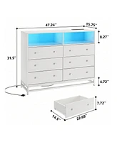 gaomon 6 Drawer Double Dresser Tv Stand, Bedroom With Power Outlet & Led Light, Wood For Room, Hallway, 47.2''W 15.8''D 36.2''H