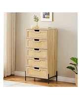 gaomon Modern Rattan 5 Drawers Dresser, Double Dresser For Bedroom