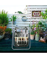 Slickblue 9PCS Garden Tools Set with Ergonomic Wooden Handles and Sturdy Stool with Detachable Tool Bag