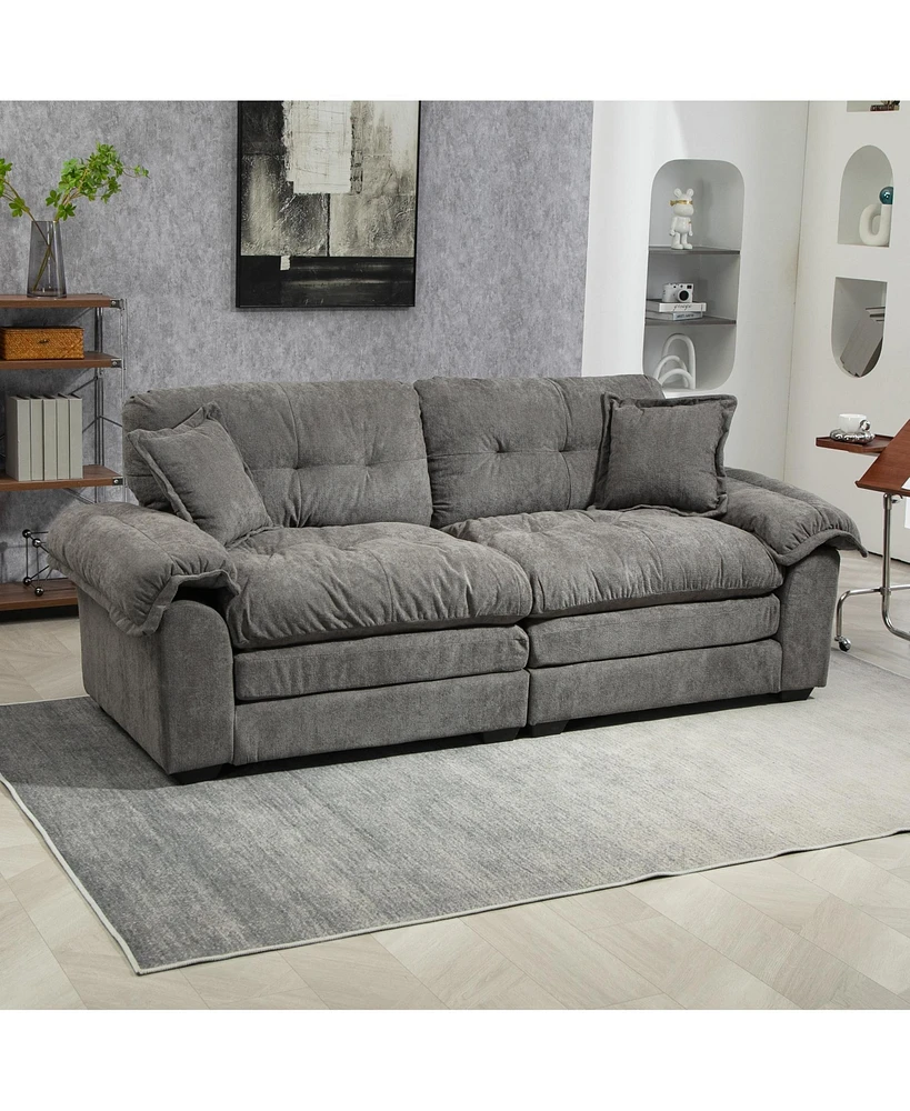 84" Chenille Recliner Sofa Small Sofa Loveseat Deep Seat Sofa Couch with 2 Throw Pillows & Memory Foam for Living Room Apartment Office Lounge-Gr