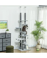 PawHut 89"-100" Floor to Ceiling Cat Tree with Cat Perch & Condo,