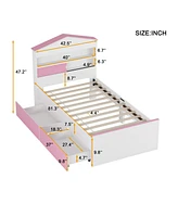 Twin Size House-Shaped Wooden Bed with Storage Shelf on the Headboard, Built-in Two Storage Drawers, Brown
