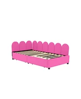 Twin size Upholstered Daybed with 2 Drawers, Velvet Sofabed with Soft Fabric Headboard, No Box-spring Needed, Beige