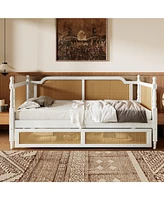 Traditional Style Rattan Twin Size Daybed with 2 Drawers for Limited Space, Guest Room, No Box Spring Needed,Antique White