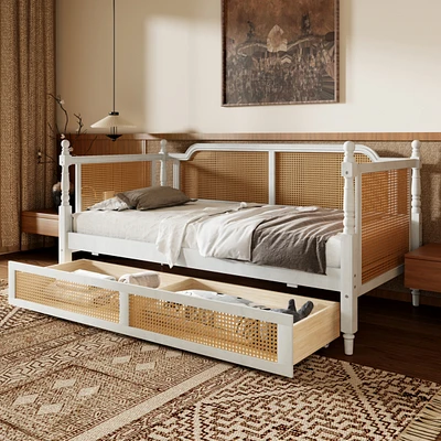 Traditional Style Rattan Twin Size Daybed with 2 Drawers for Limited Space, Guest Room, No Box Spring Needed,Antique White