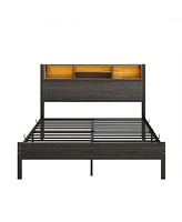 Full Size Bed Frame with Storage Headboard, Metal Platform Bed with Charging Station, Bookcase Storage, No Box Spring Needed, Easy Assembly, Noise-Fre