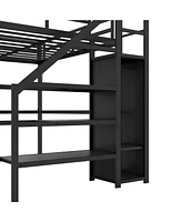 Full Xl Size Loft Bed with L-shaped Desk and Usb, Metal Loft Bed with Wardrobe and Adjustable Shelf, High Loft Bed with Led for Kids Teens Adults, Bla
