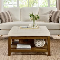 Upholstered Coffee Table Tufted Linen Large Square Ottoman with Beech Wood Shelf and Frame, Oversized Footrest Ottoman for Living Room,Office,Bedroom,